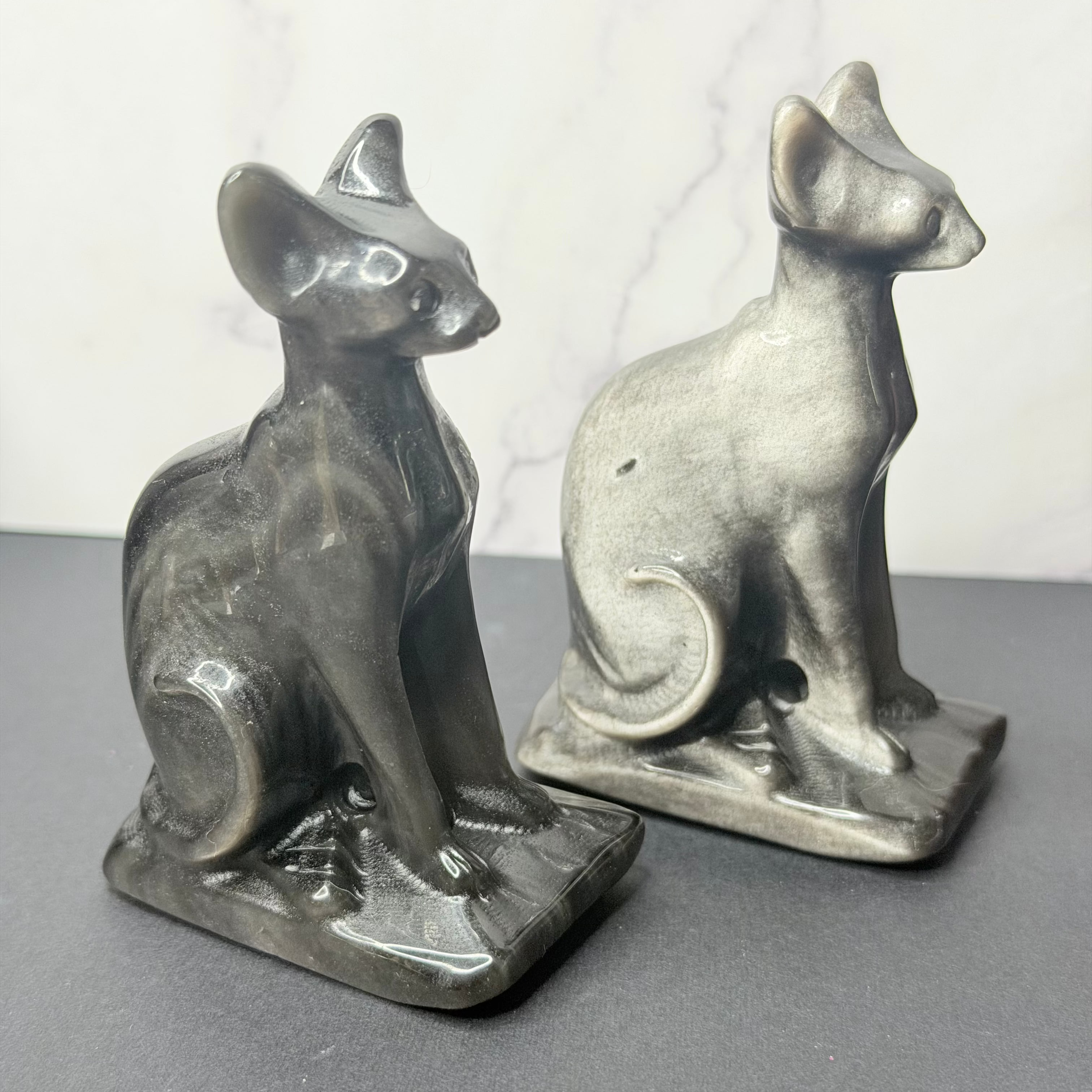 Silver Sheen Obsidian Sphynx Cat Carving