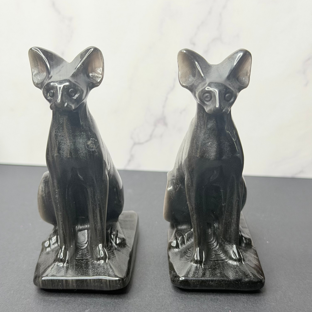 Silver Sheen Obsidian Sphynx Cat Carving