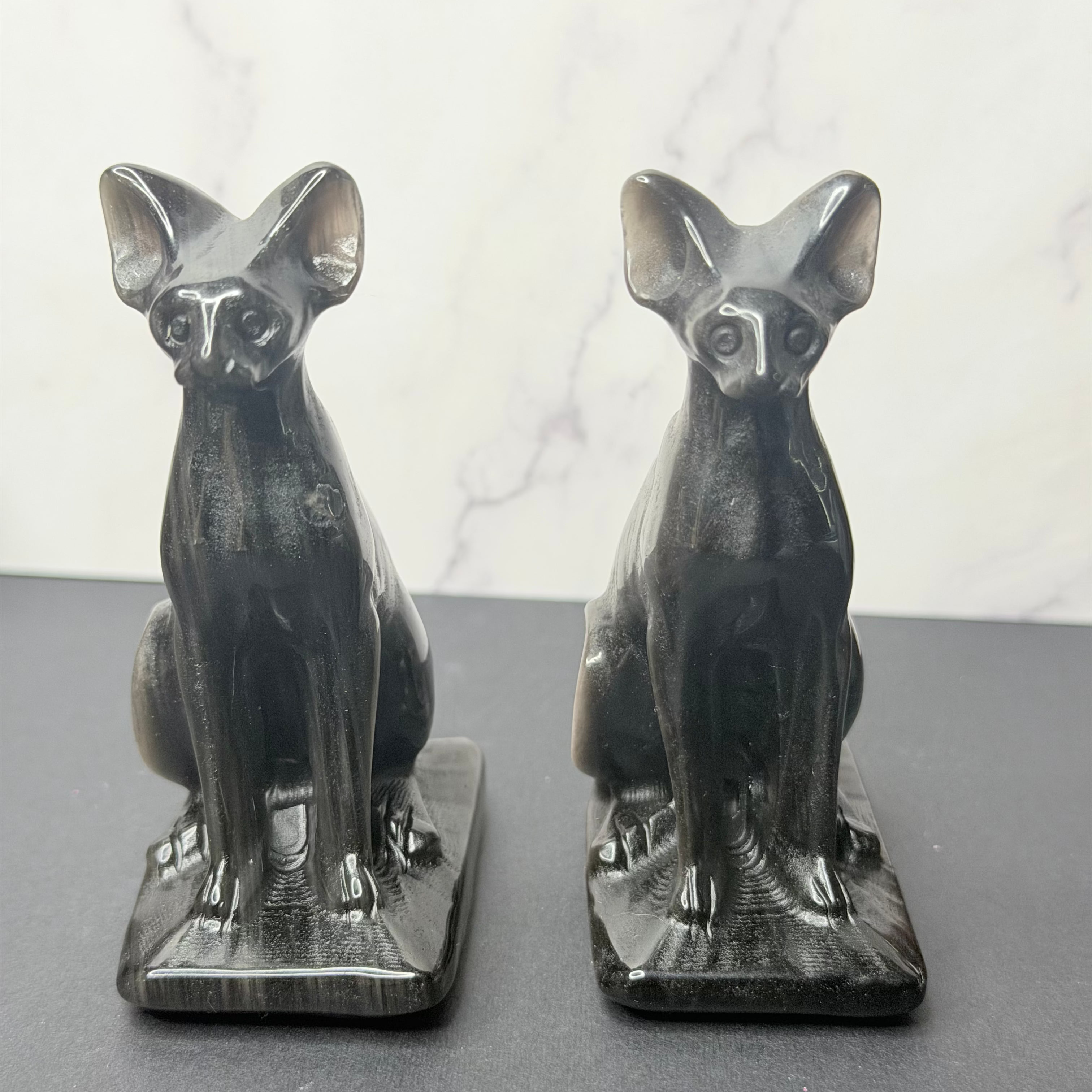 Silver Sheen Obsidian Sphynx Cat Carving