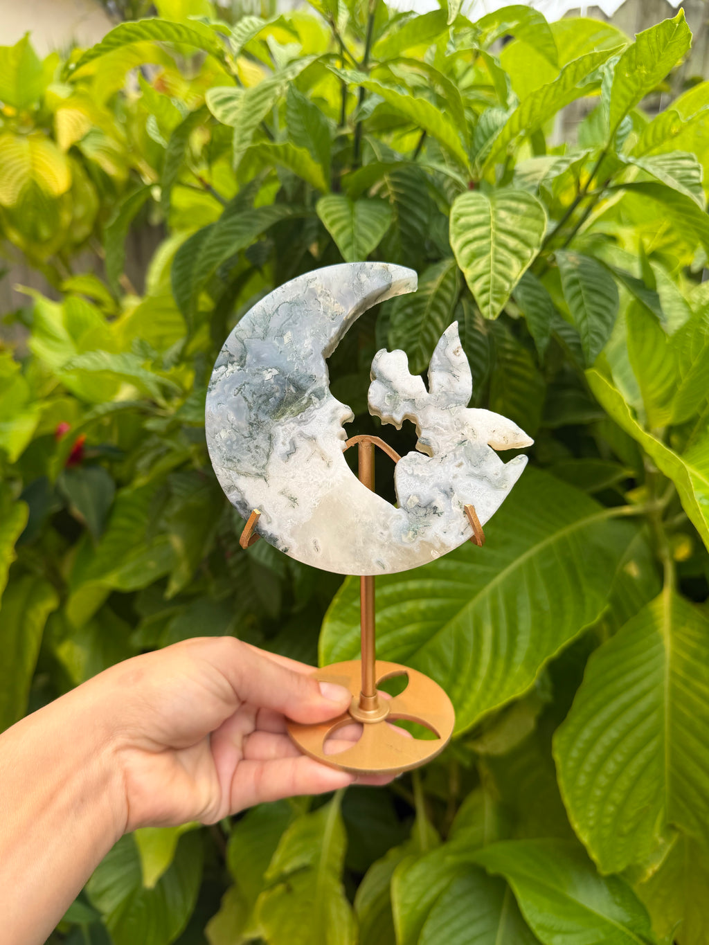 Moss Agate Fairy Moon with Stand