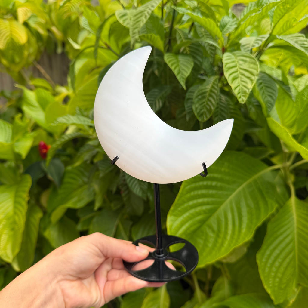 Satin Spar (aka Selenite) Moon on Stand