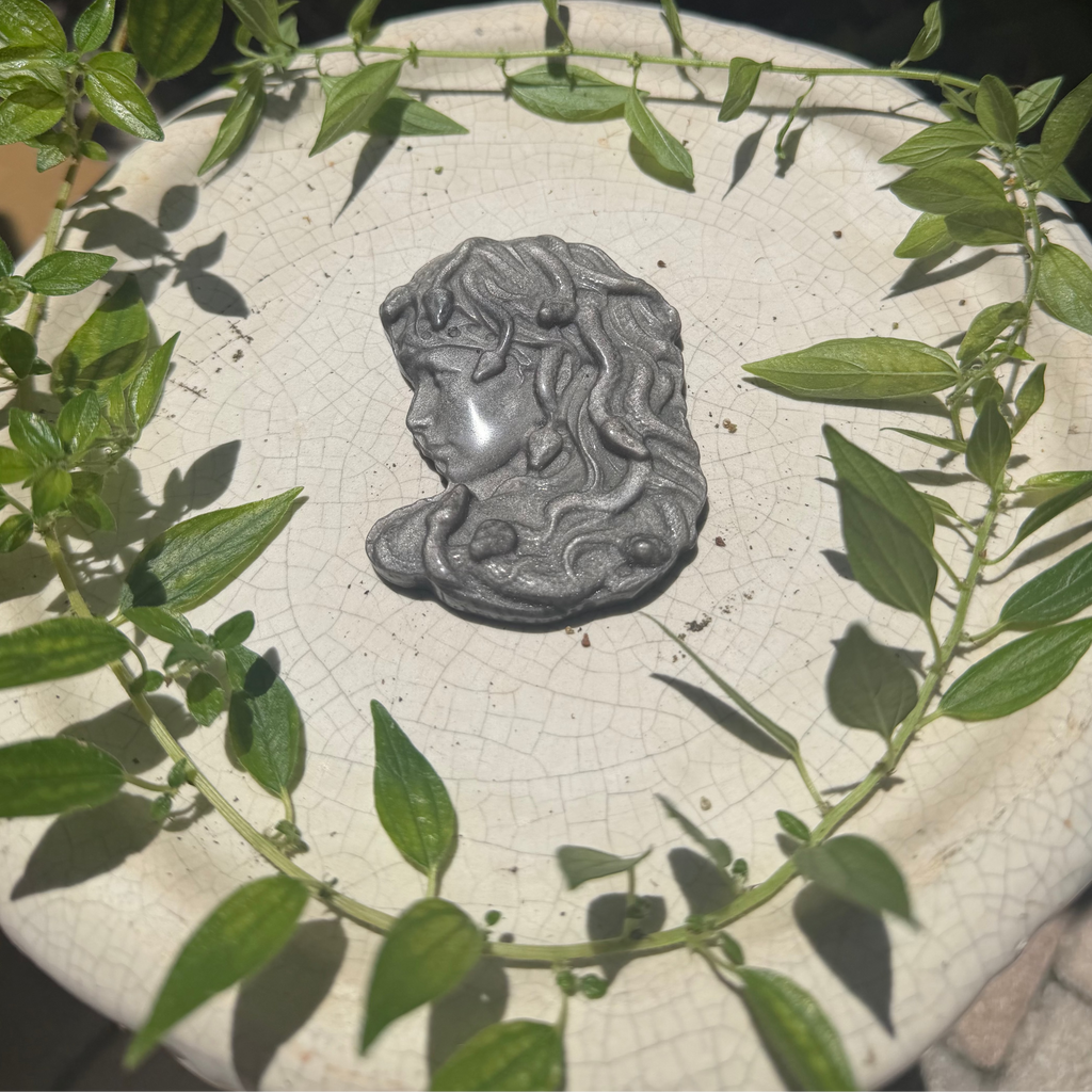 Silver Sheen Obsidian Medusa Carving