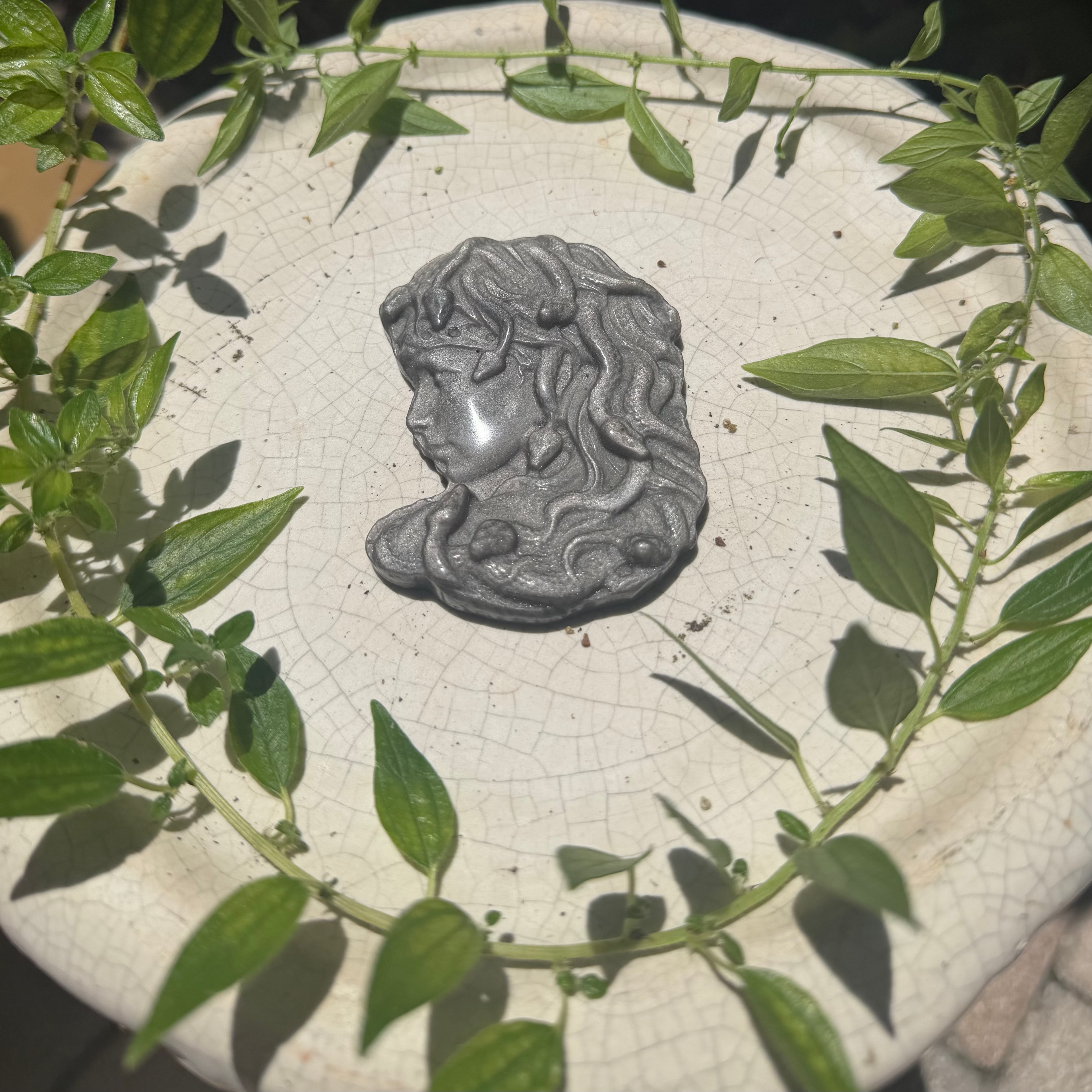 Silver Sheen Obsidian Medusa Carving