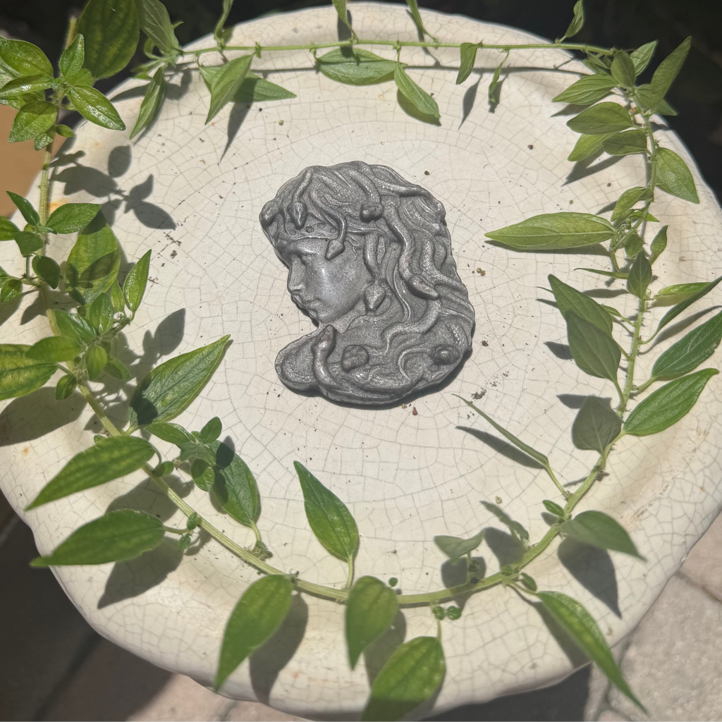 Silver Sheen Obsidian Medusa Carving